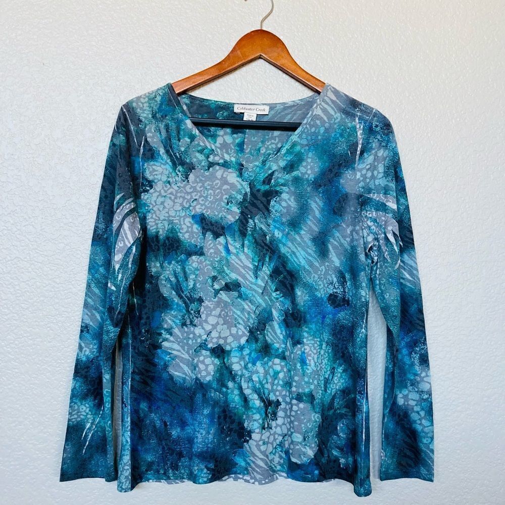 Coldwater Creek Teal Blue Print Long Sleeve Top S